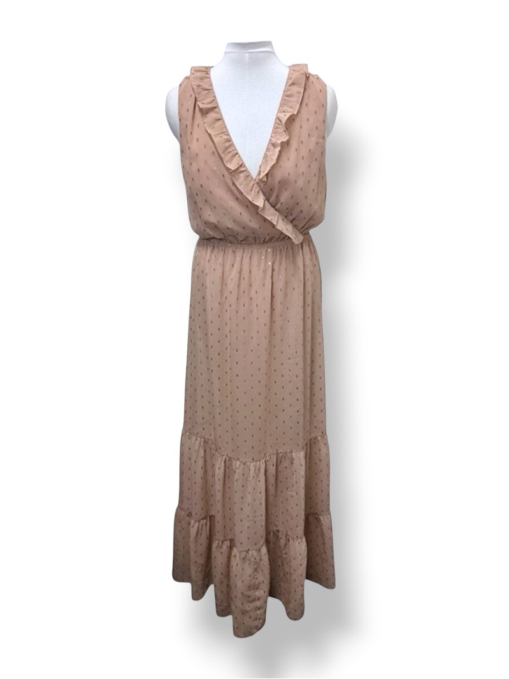 Express Women’s Ruffle Maxi Dress Metallic Clip Dot V Neck Faux Wrap Sleeveless